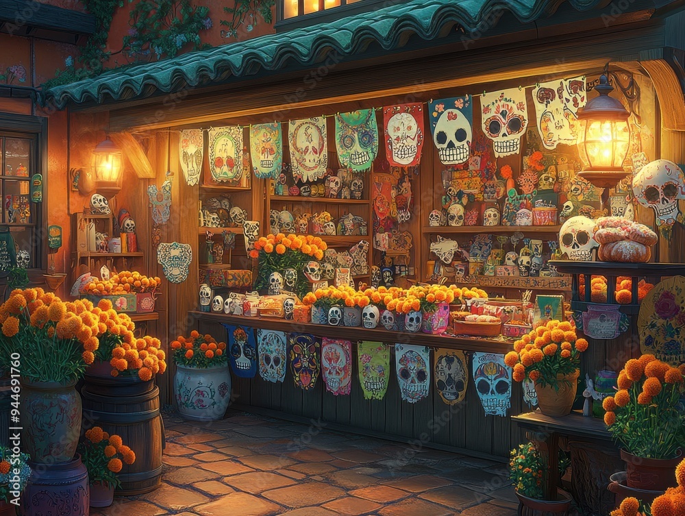 Fototapeta premium Traditional Mexican Market Booth Displaying Day of the Dead Sugar Skulls and Marigolds at Dusk with Rich Cultural Ambiance