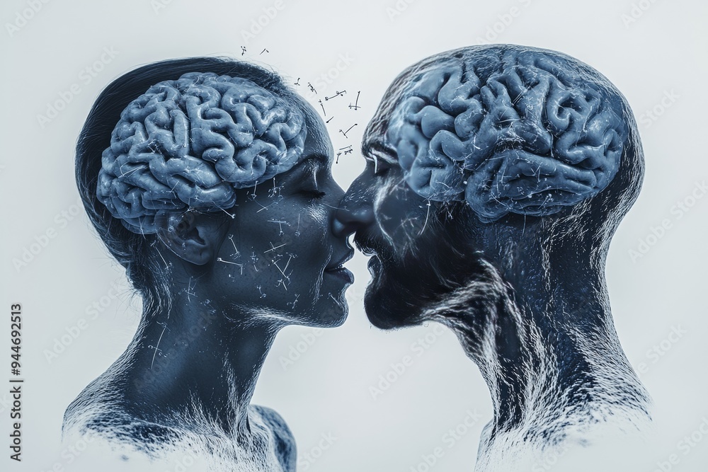 Monochrome digital art of two human profiles with brains symbolizing intellectual duality cognitive balance and the contrast between logic and emotion in thought processes Monochrome digital art of two human profiles with brains symbolizing intellectual duality cognitive balance and the contrast between logic and emotion in thought processes