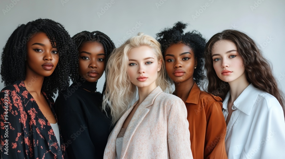 Diverse group of five women posing together in a studio setting showcasing various hairstyles and outfits during a photoshoot Diverse group of five women posing together in a studio setting showcasing various hairstyles and outfits during a photoshoot