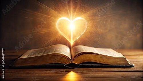 Glowing heart and Bible symbolizing faith and love , faith, love, religion, spirituality, illuminated, heart, glowing, holy