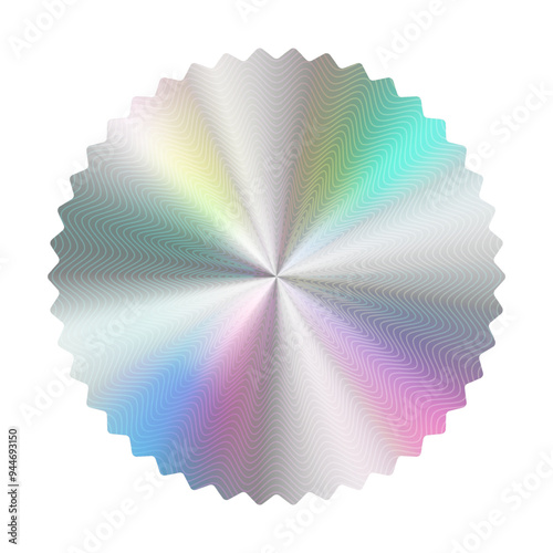 Hologram Sticker label. Blank empty holographic badge. Circle Serrated Edge for Official 100% Premium Quality Product with iridescent foil adhesive film certified badge, glossy shiny seal