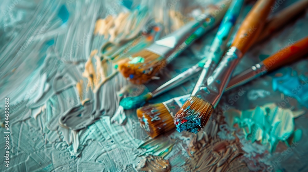 Several paintbrushes covered in colorful paint rest on a textured canvas, representing creativity and artistic process. Several paintbrushes covered in colorful paint rest on a textured canvas, representing creativity and artistic process.