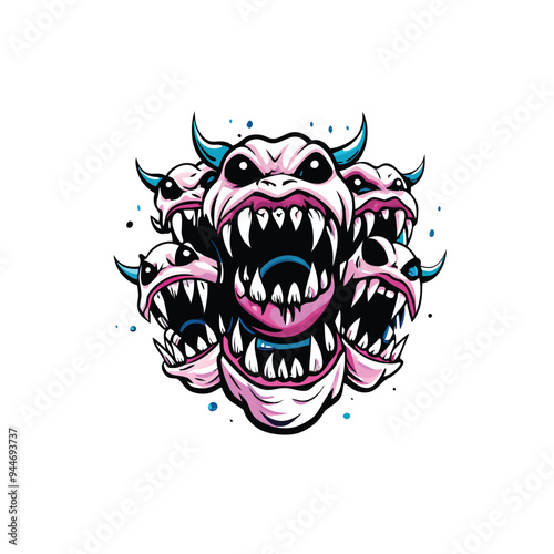 A close-up vector illustration of a monster with six heads, each head has sharp teeth and a menacing expression.