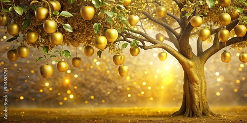 Golden apple tree with shimmering fruits hanging from the branches, orchard, golden, fruit, tree, sunlight, harvest, shiny photo