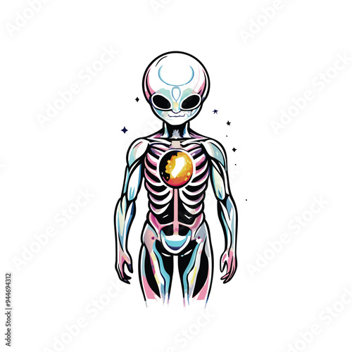 A detailed vector image of an alien with a translucent body, revealing their skeletal structure. Their heart is glowing with an orange light.