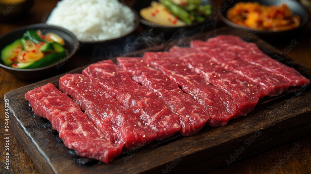Succulent Slices of Raw Beef Prepared for Korean BBQ Accompanied by Traditional Side Dishes Including Kimchi, Rice, and Vegetables Succulent Slices of Raw Beef Prepared for Korean BBQ Accompanied by Traditional Side Dishes Including Kimchi, Rice, and Vegetables