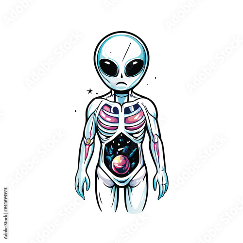 A detailed vector illustration of an alien with a translucent body, revealing its internal organs, skeleton, and a galaxy inside its stomach.