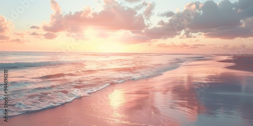 Fototapeta Naklejka Na Ścianę i Meble -  Deserted beach with serene ocean Soft pink sunset on tranquil evening