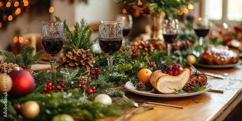 Elegant Christmas Dinner Table Setup with Festive Decorations, Pinecones, Red Wine, and Holiday Feast, Perfect for Celebrations Elegant Christmas Dinner Table Setup with Festive Decorations, Pinecones, Red Wine, and Holiday Feast, Perfect for Celebrations