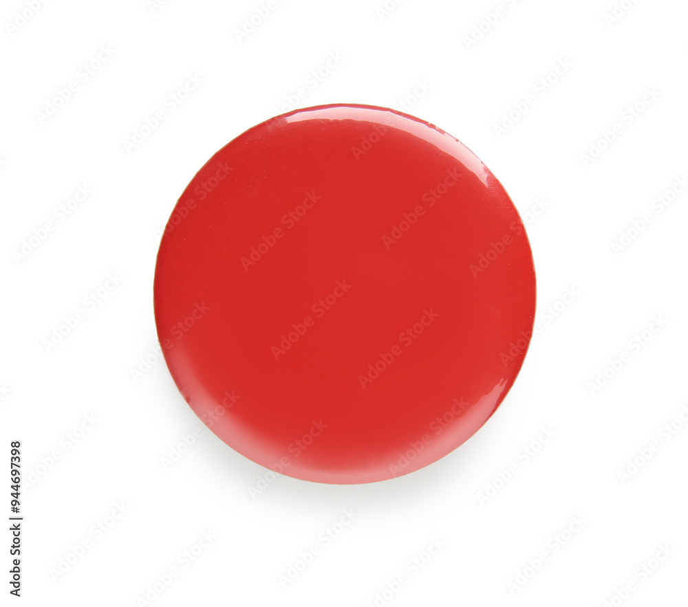 Blank red button badge isolated on white, top view. Mockup for design
