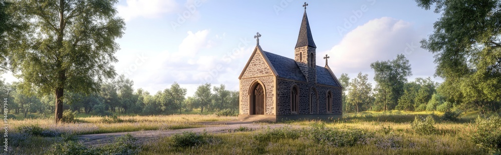 3D rendering of a Romanesque Gothic style chapel featuring a single nave surrounded by natural scenery 3D rendering of a Romanesque Gothic style chapel featuring a single nave surrounded by natural scenery