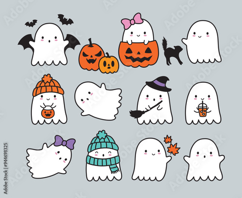 Cute Halloween ghost kawaii cartoon vector illustration set with jack o lantern, black cat, fall leaves, and pumpkin spice latte.