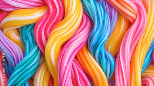 Colorful twisted candy strands arranged vibrantly on a bright background