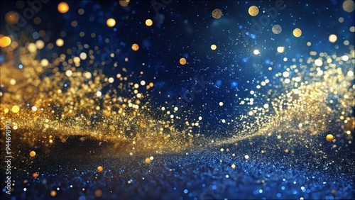 Majestic golden and blue shimmer cascading in a cosmic dance evoking the magic of the night sky, creating a mesmerizing blend of colors and light. Generative AI