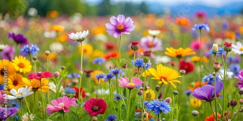 Vibrant wildflower meadow with a variety of colorful blooms, wildflowers, meadow, nature, grass, vibrant, colorful, flowers