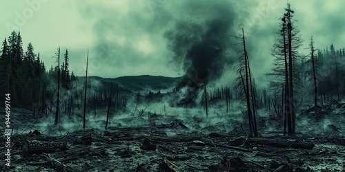 Devastating Forest Fire Aftermath: Charred Trees and Smoky Sky Depict Intense Impact of Wildfire on Forest Landscape photo