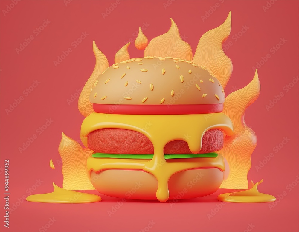 3D burger on fire with cheese dripping down the side, 3D Illustration 3D burger on fire with cheese dripping down the side, 3D Illustration