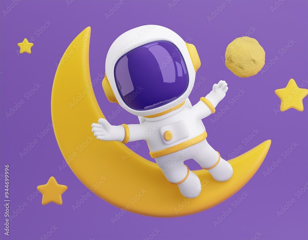 3D cartoon astronaut floats on a crescent moon reaching for a shooting star, 3D Illustration 3D cartoon astronaut floats on a crescent moon reaching for a shooting star, 3D Illustration