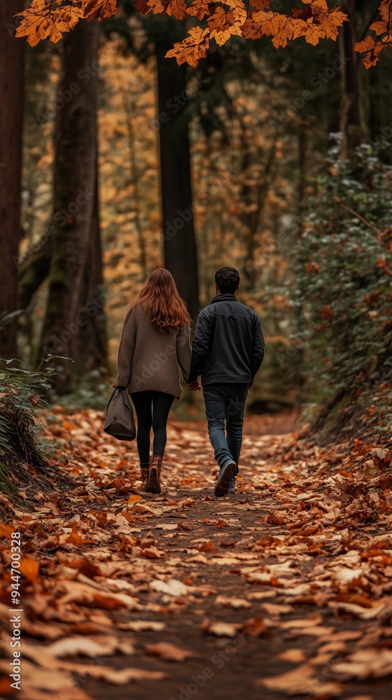 Couple walking hand in hand on a leaf-covered path in a forest during autumn's vibrant foliage Couple walking hand in hand on a leaf-covered path in a forest during autumn's vibrant foliage