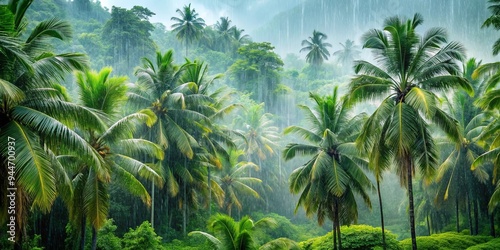 Tropical rainforest during a heavy downpour, lush greenery with palm trees , Rain, forest, green leaves, palm trees, tropical