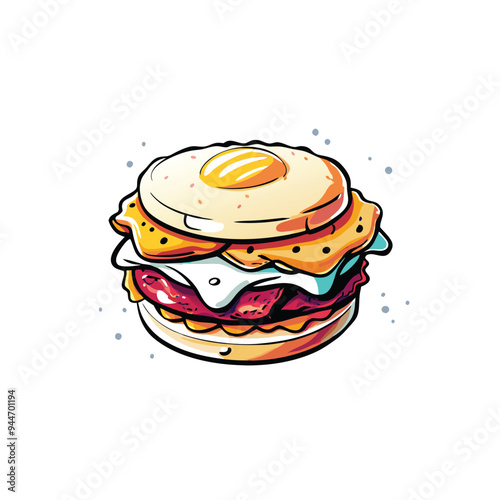 A cartoon illustration of a biscuit sandwich with bacon, egg, and cheese.
