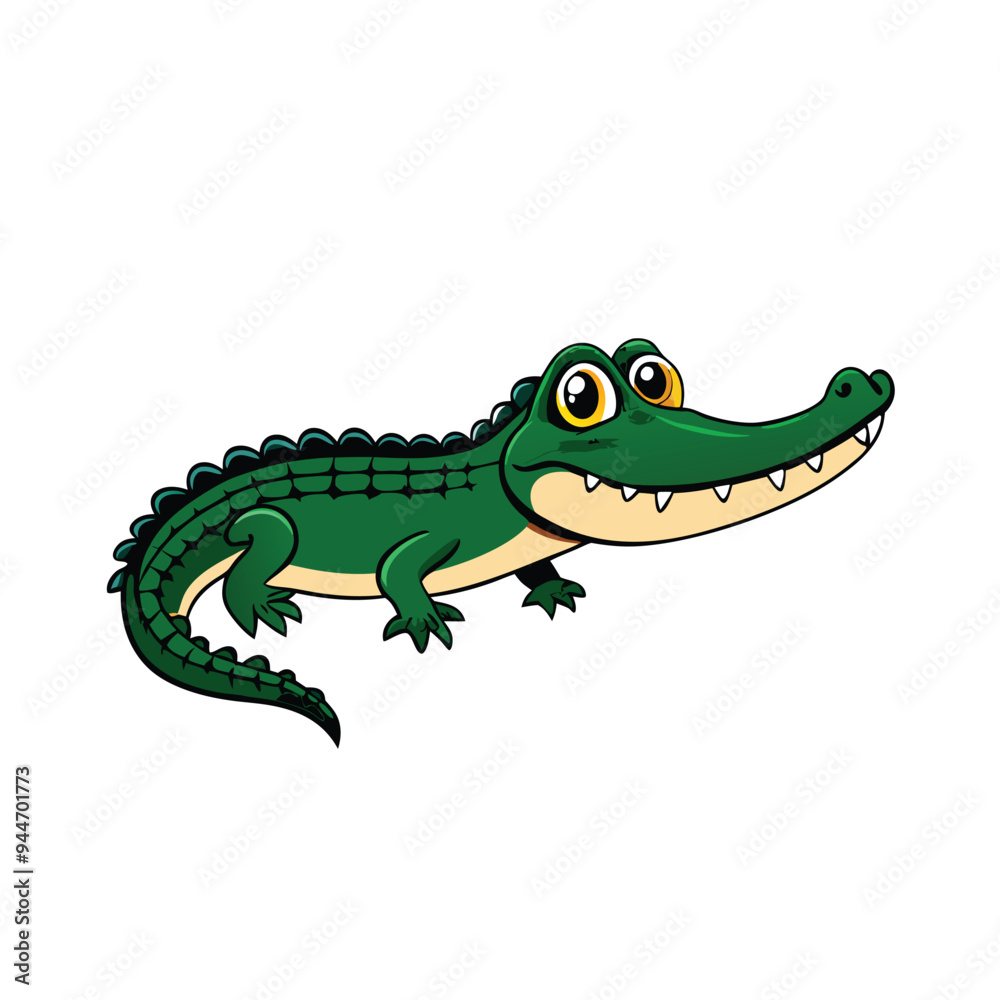 Obraz premium Cartoon illustration of a green alligator with yellow eyes, white teeth, and a green, scaled body, on a white background.