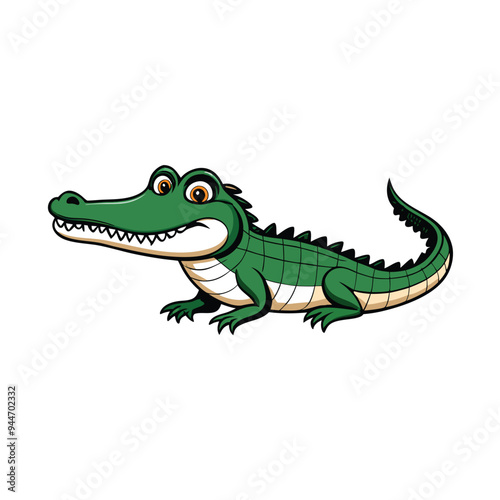 A cartoon illustration of a green alligator with a toothy grin and large, bright eyes.