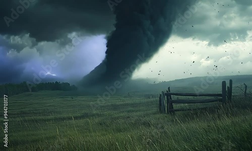 An epic tornado forms over a rural landscape, twisting with immense force.