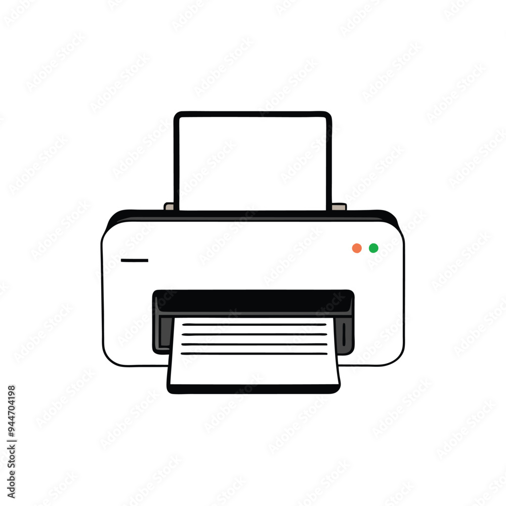 A white printer with paper coming out of the tray, isolated on a white background. A white printer with paper coming out of the tray, isolated on a white background.