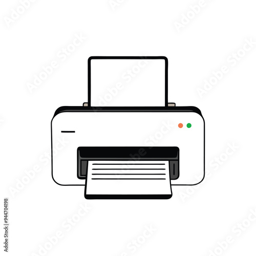 A white printer with paper coming out of the tray, isolated on a white background.