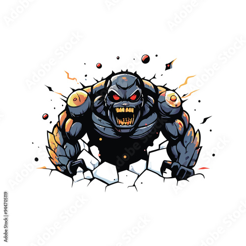 A massive, hulking Mon with sharp teeth and glowing red eyes, emerging from a cracked wall in a dramatic pose.