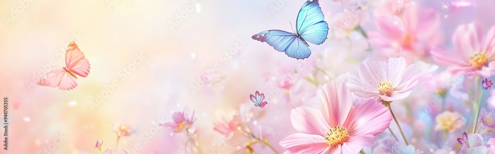 Floral abstract pastel background in a soft style featuring colorful cosmos flowers and butterflies ideal for wedding or Valentine s Day cards with space for spring or summer messaging Floral abstract pastel background in a soft style featuring colorful cosmos flowers and butterflies ideal for wedding or Valentine s Day cards with space for spring or summer messaging