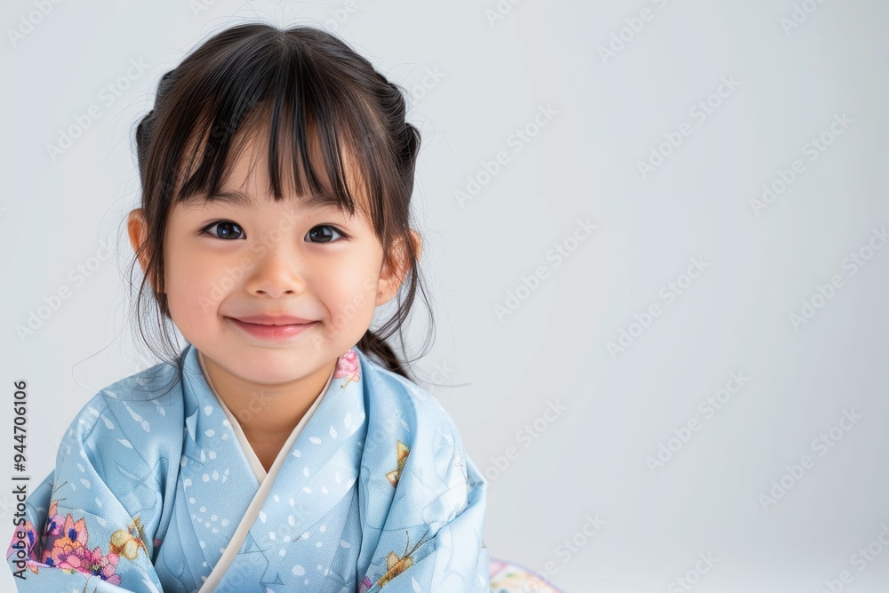 A cute Japanese girl wearing a high-contrast colorful kimono and a random hairstyle poses against a white background. A cute Japanese girl wearing a high-contrast colorful kimono and a random hairstyle poses against a white background.
