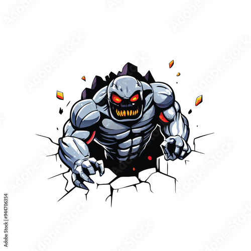 A vector illustration of a large, hulking, evil monster breaking through a wall.