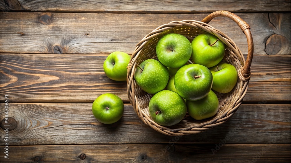 Green apples arranged in a rustic wooden basket , green, apples, rustic, wooden, basket, organic, fresh, healthy, natural Green apples arranged in a rustic wooden basket , green, apples, rustic, wooden, basket, organic, fresh, healthy, natural