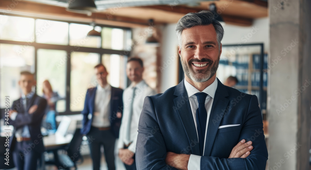 businessman in prime stands proudly with team, embodying essence of corporate success and unity, highlights dynamic group ready to tackle new business ventures and achieve goals. businessman in prime stands proudly with team, embodying essence of corporate success and unity, highlights dynamic group ready to tackle new business ventures and achieve goals.