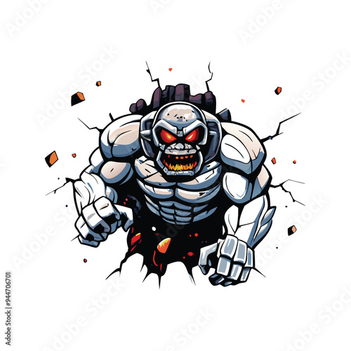 Create a realistic vector artwork of a massive hulking mon breaking through a wall.