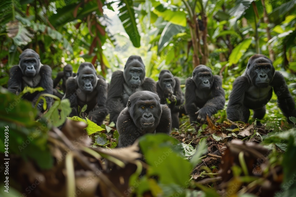 Obraz premium a silverback gorilla leading its troop through lush jungle foliage. Ideal for nature documentaries and educational exhibits about endangered species.
