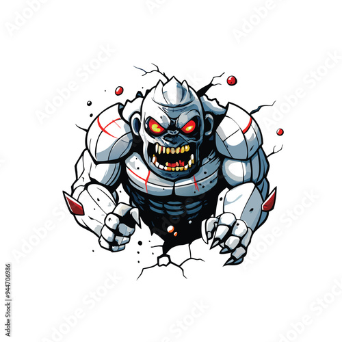 Create a realistic vector illustration of a massive hulking monster breaking through a wall.