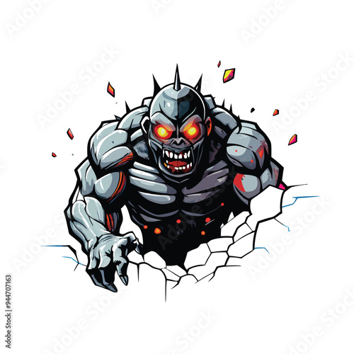 Realistic vector artwork of a massive hulking monster breaking through a wall.