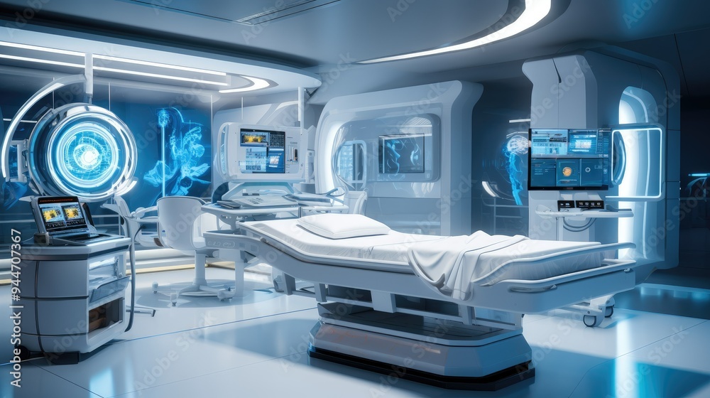 High-tech hospital room with automated monitoring systems High-tech hospital room with automated monitoring systems