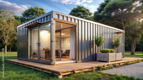 Modern container house with minimalist design, created from reused shipping containers, Container, House