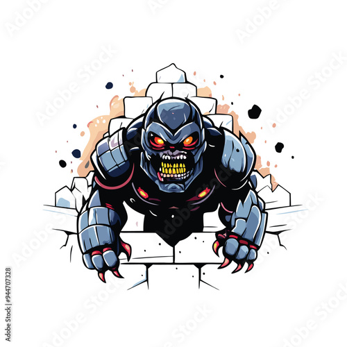 Realistic vector artwork of a massive, hulking, monstrous kaiju breaking through a wall with sharp claws.
