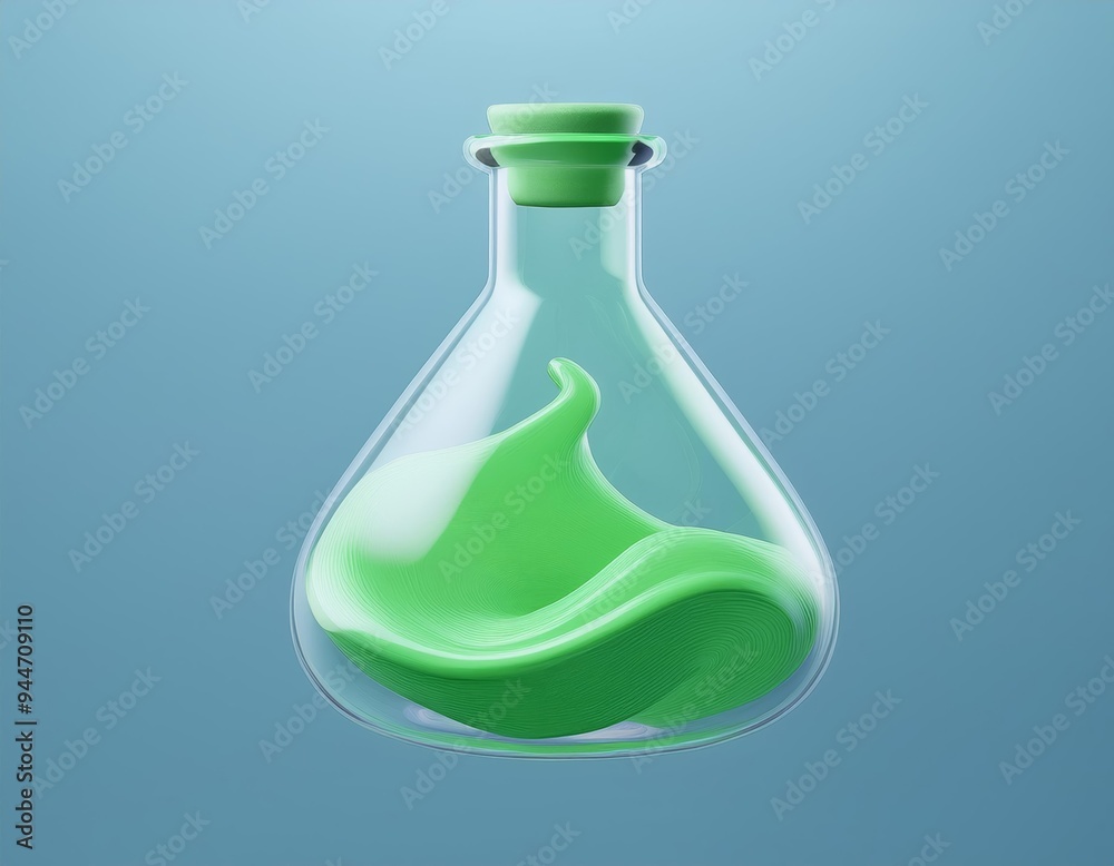 3D green liquid swirls inside a glass flask, 3D Illustration 3D green liquid swirls inside a glass flask, 3D Illustration