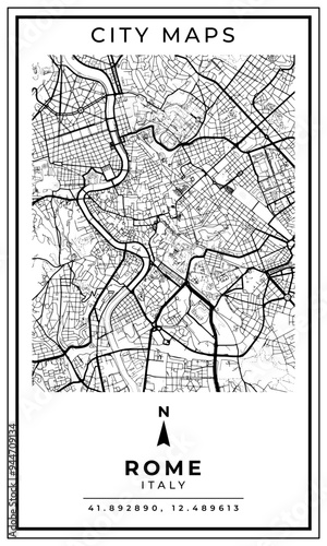 Black and white printable map of Rome city Italy banner poster design, vector illustration