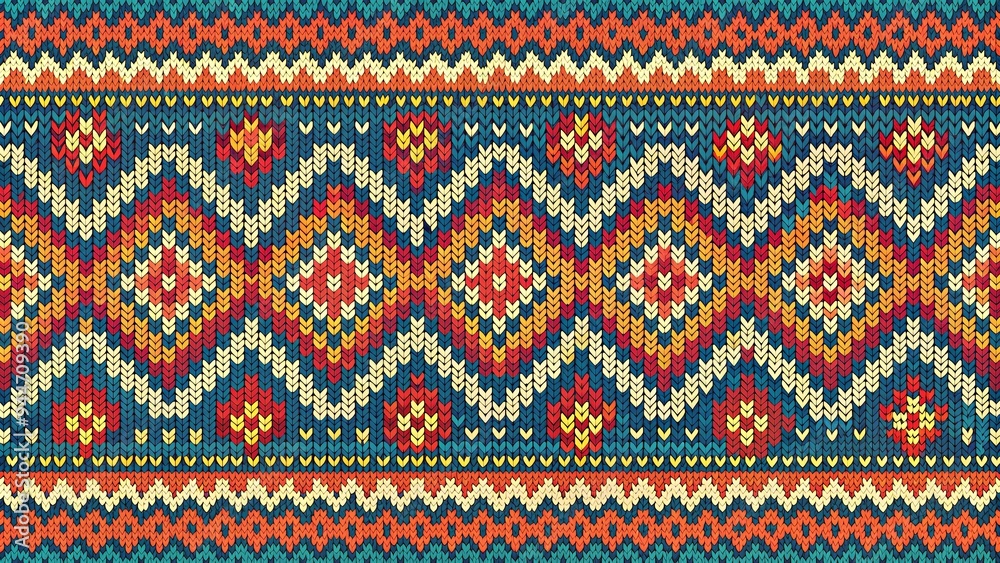 Seamless fair isle pattern with colorful geometric motifs, knitting, design, traditional, Nordic, winter, seamless Seamless fair isle pattern with colorful geometric motifs, knitting, design, traditional, Nordic, winter, seamless
