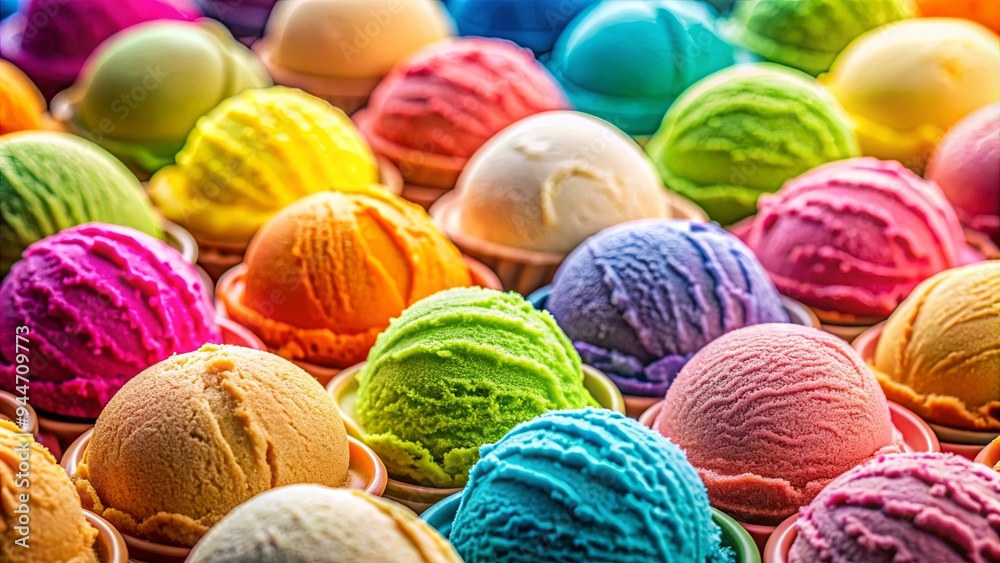 Detailed macro shot of 32 round ice cream scoops in vibrant hues, against a soft background, scoops, ice cream, colorful, vibrant Detailed macro shot of 32 round ice cream scoops in vibrant hues, against a soft background, scoops, ice cream, colorful, vibrant