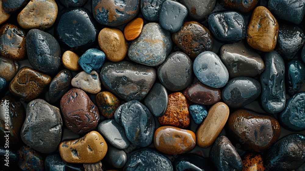 Close-up of smooth, colorful river stones with a variety of textures.