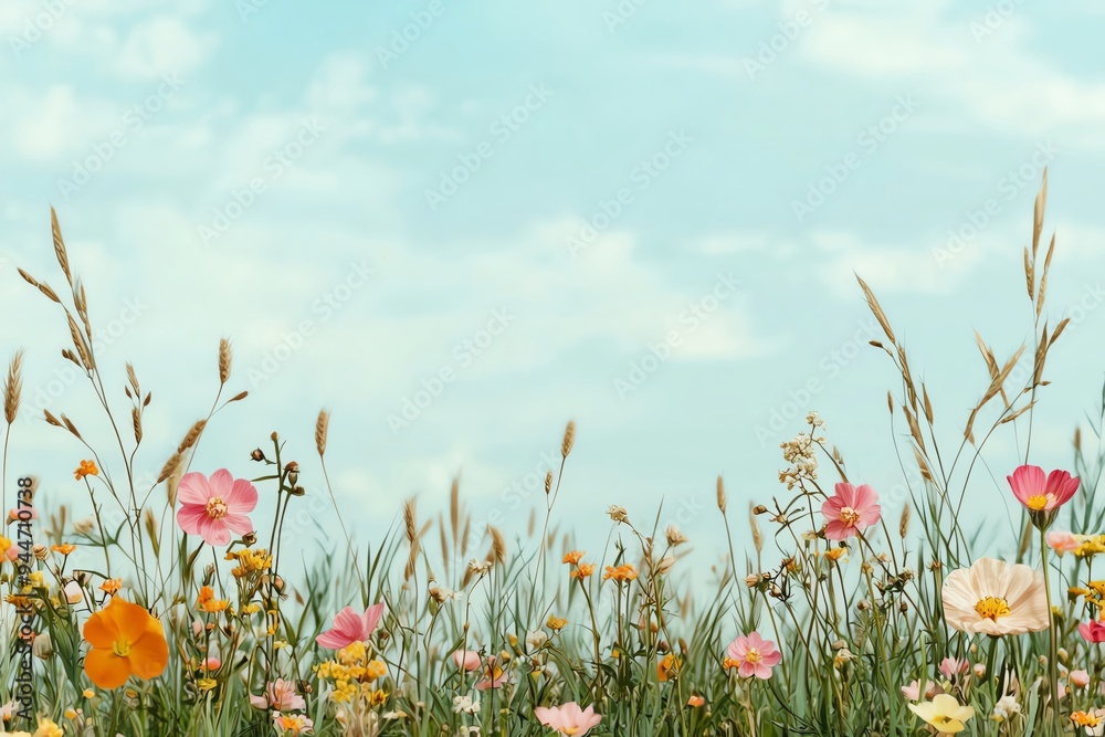 Vibrant meadow filled with colorful wildflowers under a clear blue sky, perfect for nature-themed projects and backgrounds.