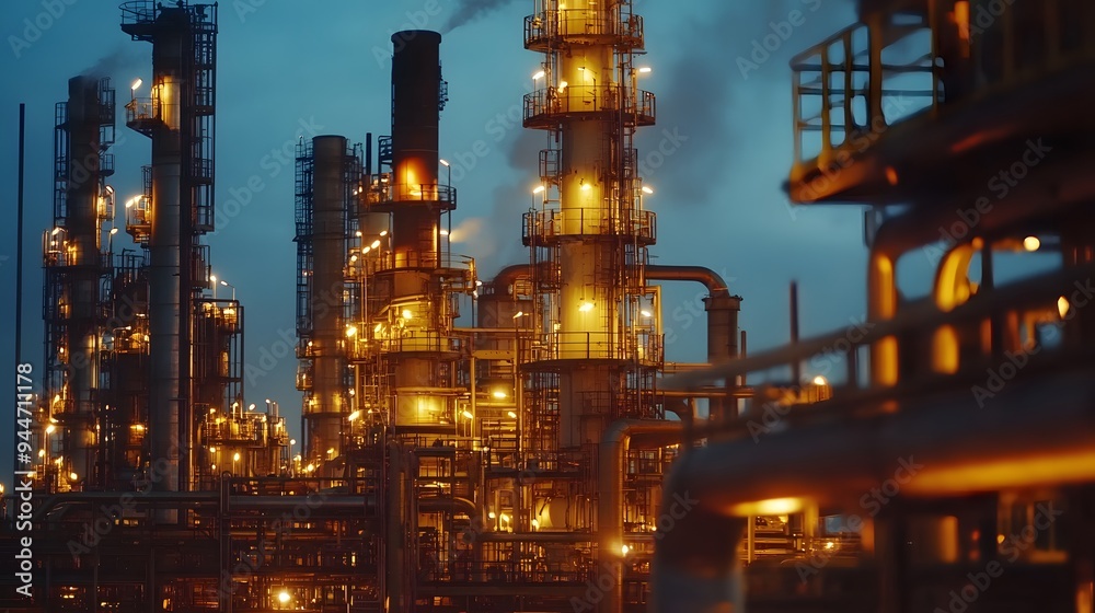 A sunset over a large industrial plant with many tall structures. The sky is orange and the sun is setting A sunset over a large industrial plant with many tall structures. The sky is orange and the sun is setting